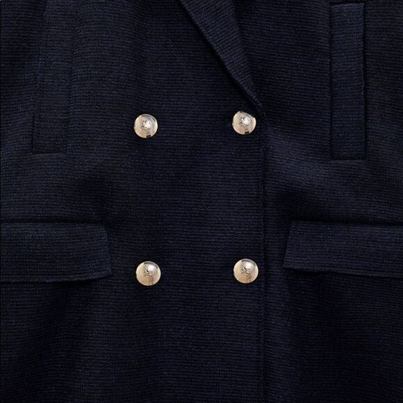 Zara Wool Blend Navy Coat Contrast Buttons New - Picture 3 of 3